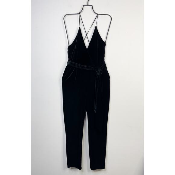 Express Black Velvet Plunge Strappy Belted Straight Leg Jumpsuit Womens 2P 2 P - Picture 3 of 16